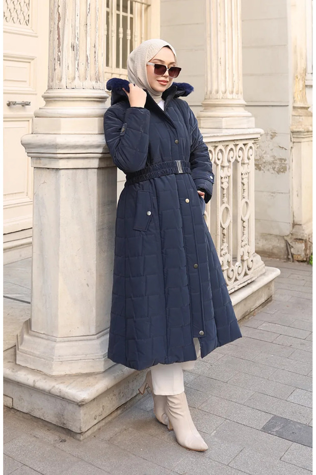 Large Size Hooded Belted Coat 6322-02 Navy Blue