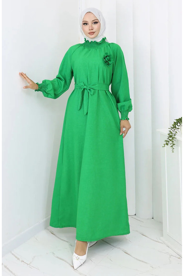 Rubber Detailed Belted Dress 2063-04 Green