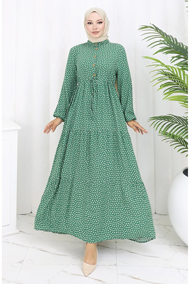 Gathered waist half button dress 0110-03 green