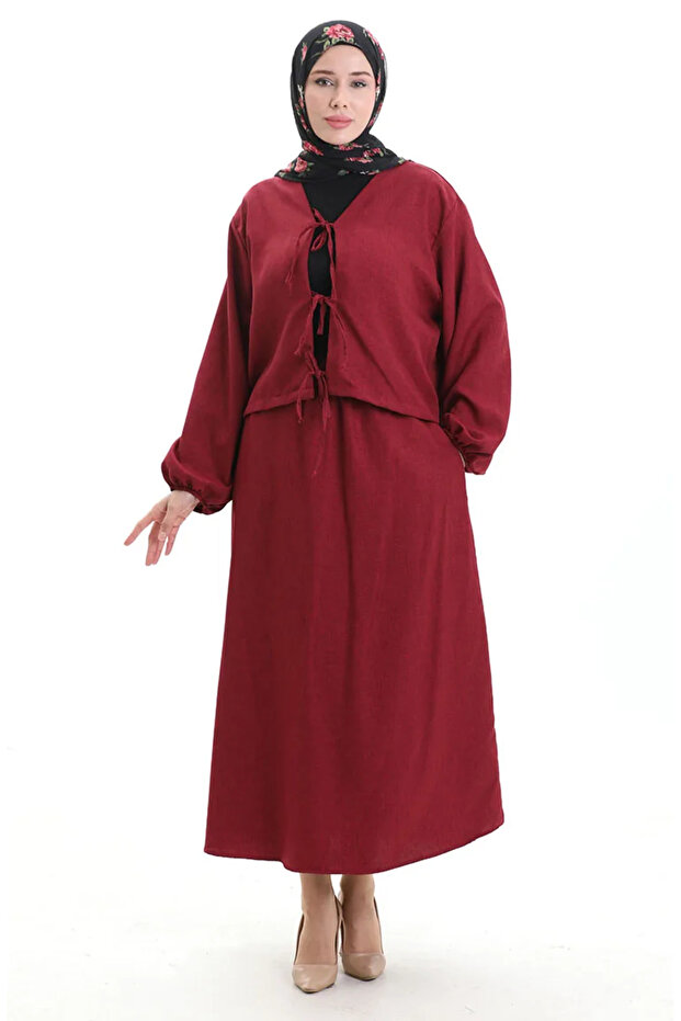 Lace Detailed Blouse Skirt Double Set 2066-04 Claret Red
