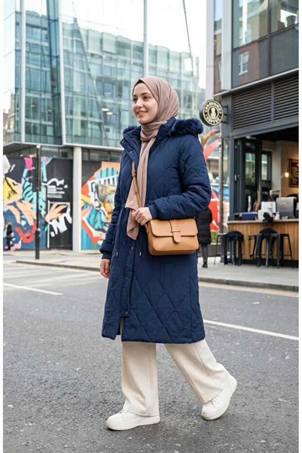 Large Size Hooded Crinkle Coat 6225-02 Navy Blue