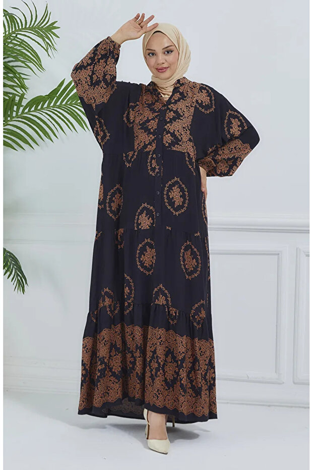 Black Balloon Sleeve Patterned Dress - 5585-03