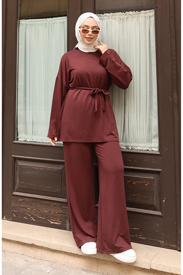 Lace Detailed Hijab Trouser Suit 2174-05 Brown
