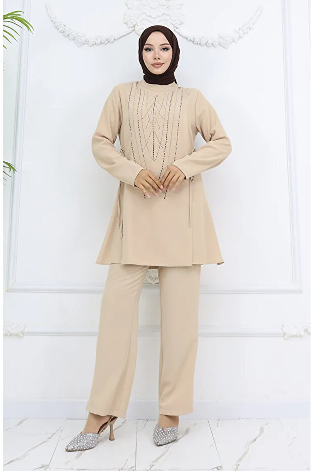 Side-tied, stone embellished evening tunic pant set 6123-01 mink
