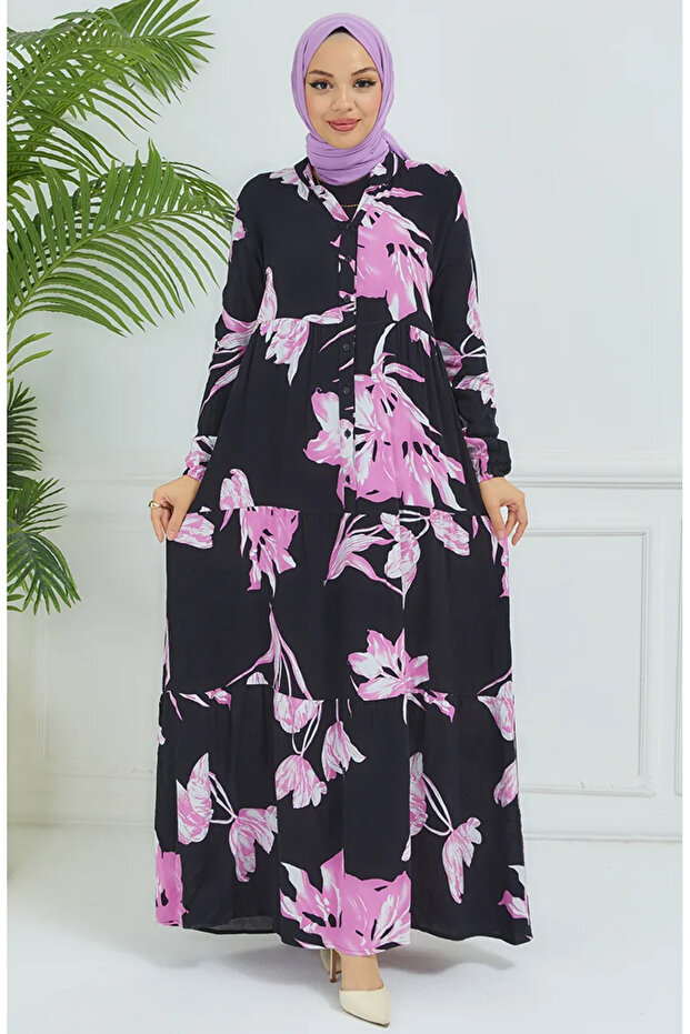Black Purple Floral Patterned Dress - 4094-05