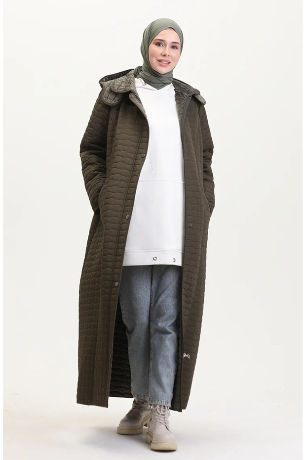 Large Size Hooded Quilted Coat 6134-01 Khaki