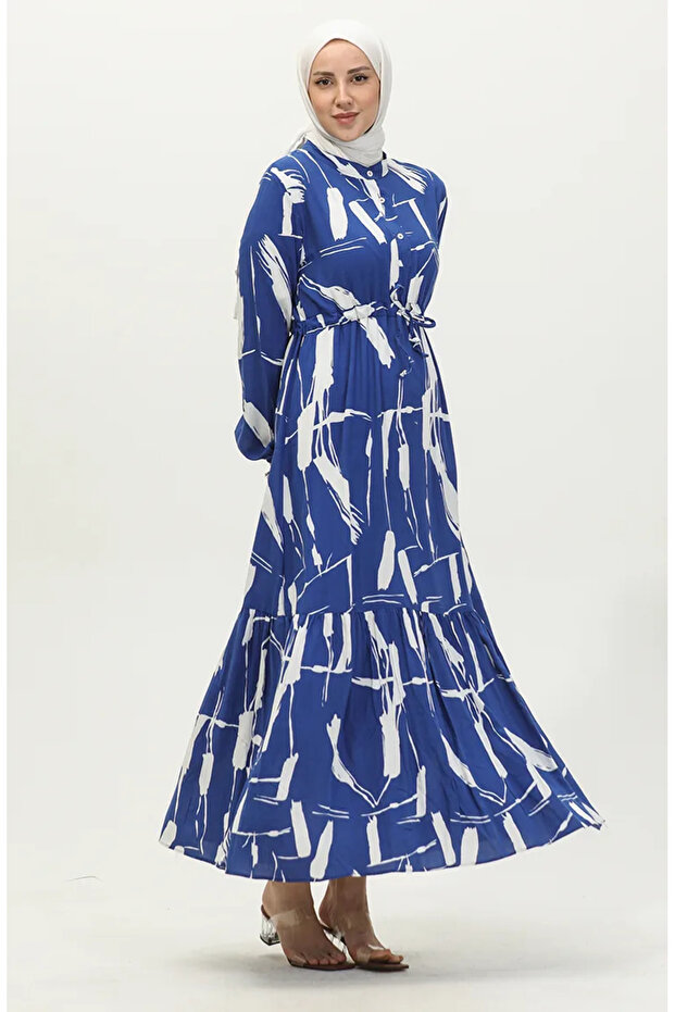 Cobalt Blue Viscose Brush Patterned Drawstring Dress - 81869-01