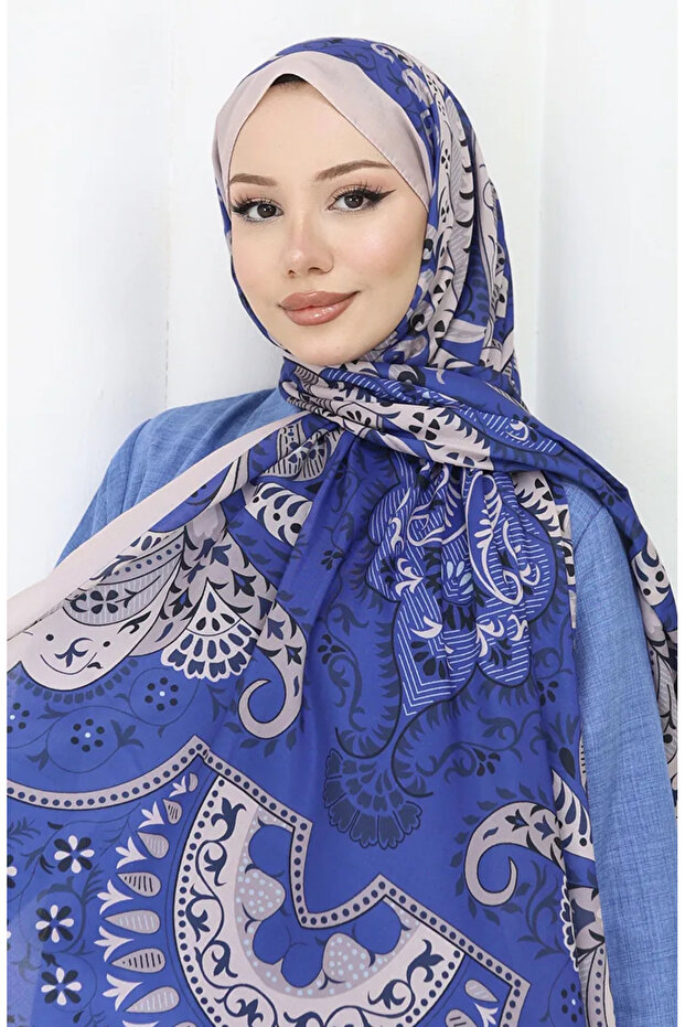 شال ناعم منقوش 70314-16 أزرق داكن عاجي