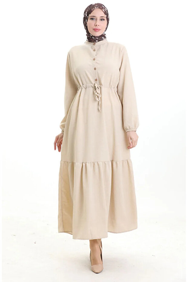 Beli Lace-Up Half Button Dress 0182-10 Beige