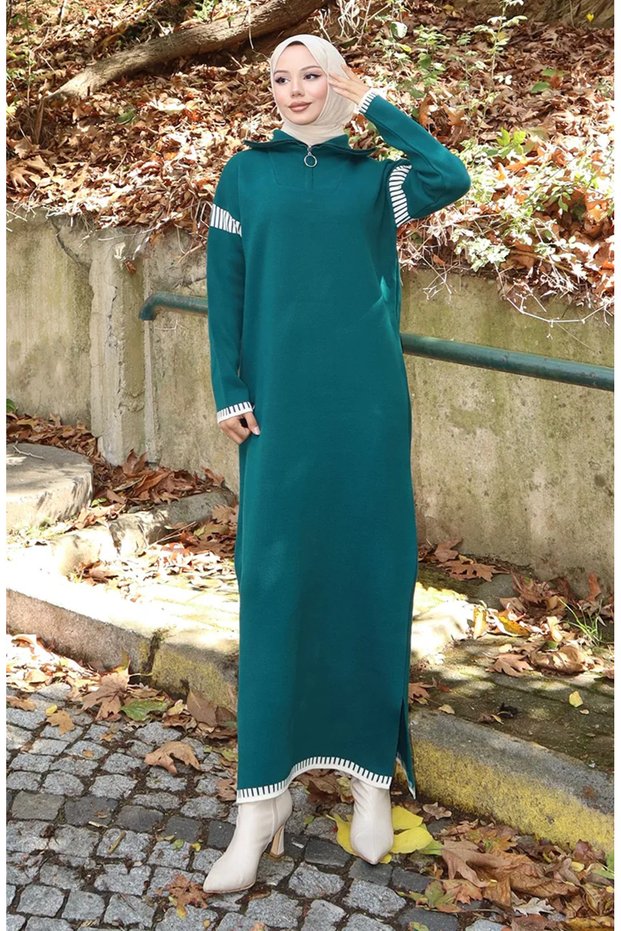 Knitwear Turtleneck Paneled Dress 0508-07 Petrol