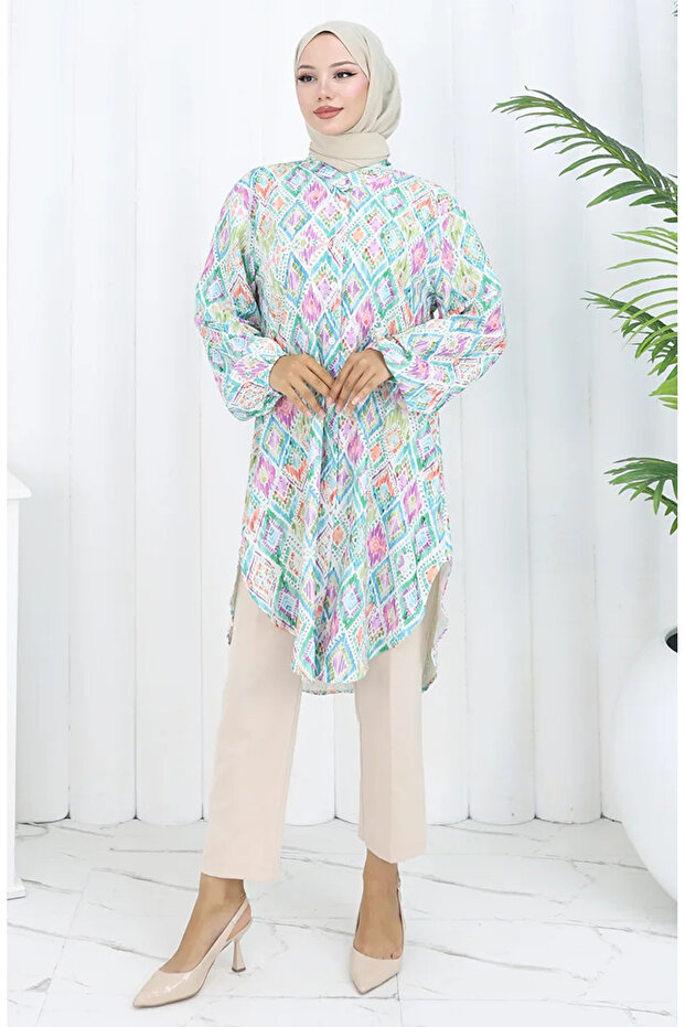 Plus Size Ethnic Patterned Tunic 3025-02 Green