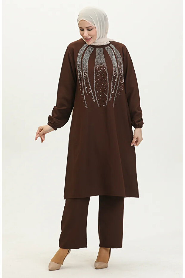 Stone Printed Evening Dress Tunic Trousers Double Set 0410-05 Brown