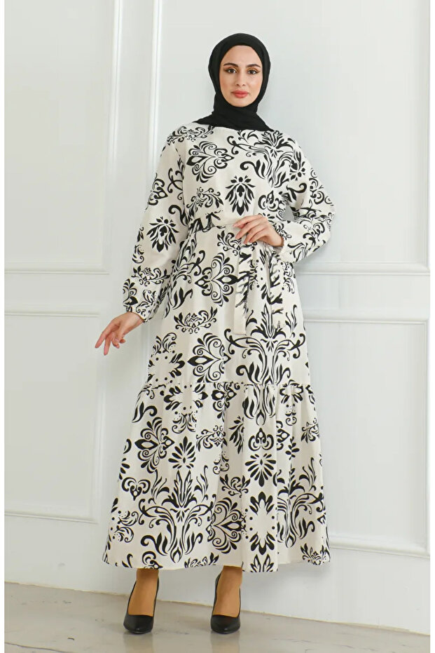 Patterned belted linen dress 0471b-03 beige black