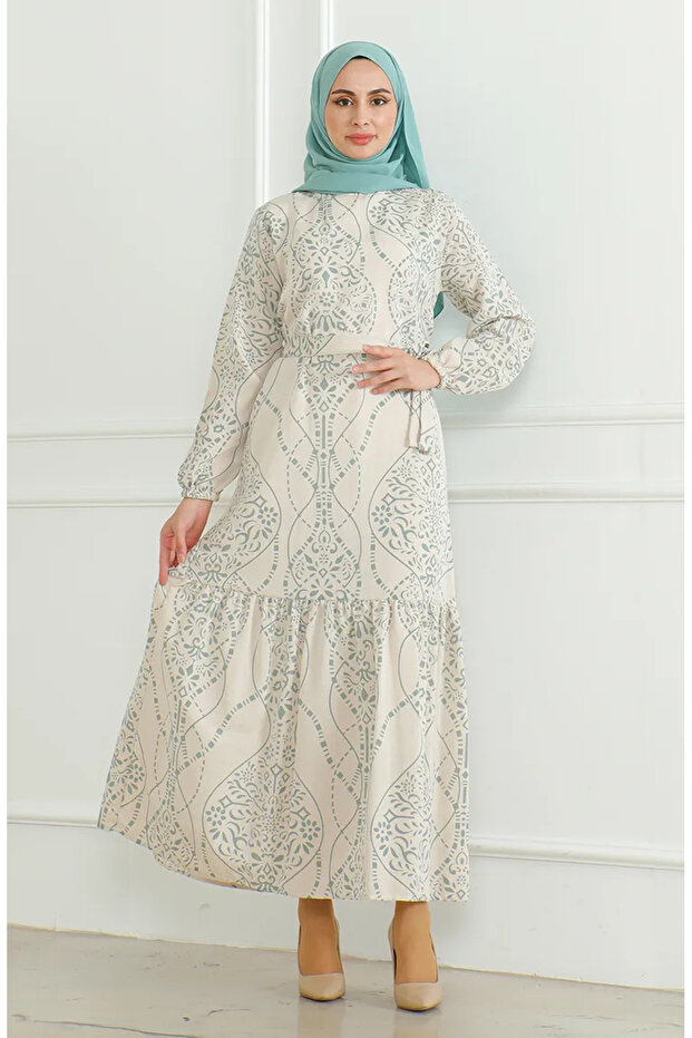 Patterned belted linen dress 0471e-03 beige green