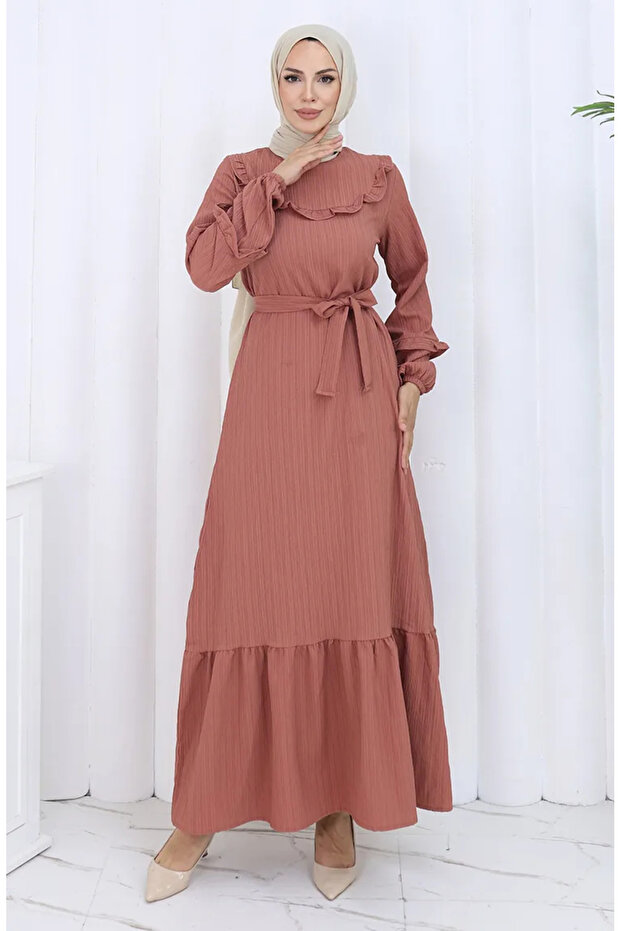 Ruffle Collar Belted Dress 2123-02 Dusty Rose