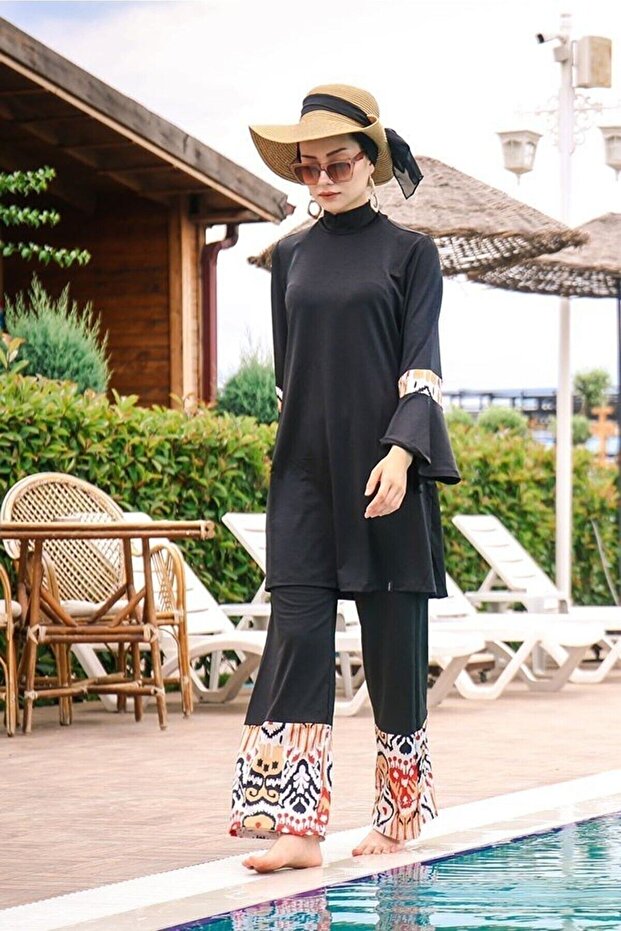 Rope Tied 4-Piece Black Pattern Detailed Full Covered Hijab Swimsuit 1961