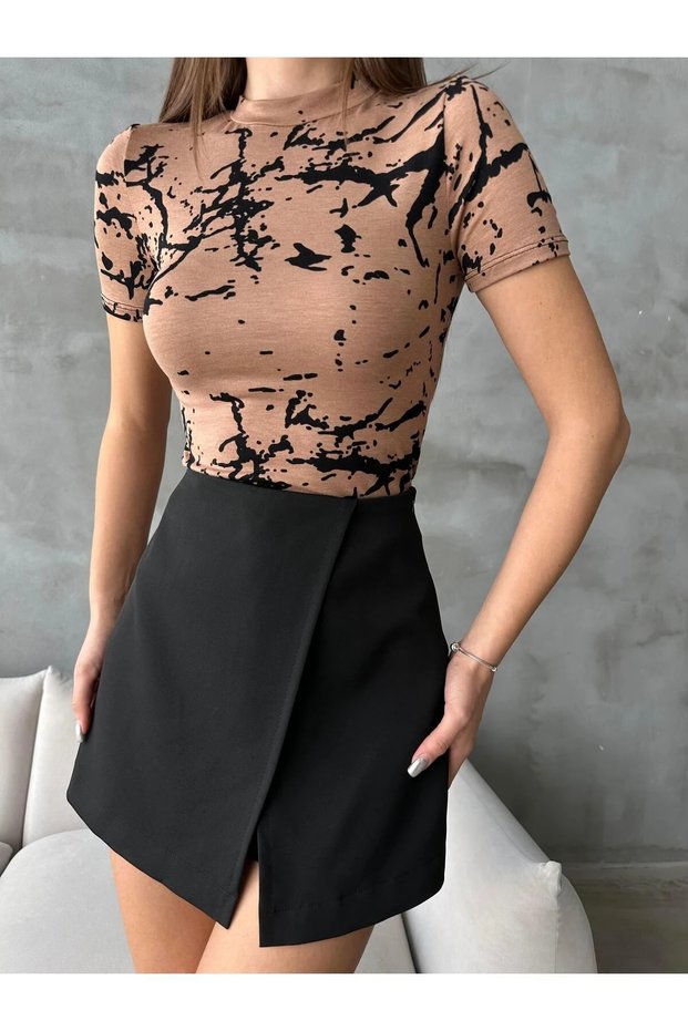 High Collar Patterned Short Sleeve Blouse Mink Batik - Mink