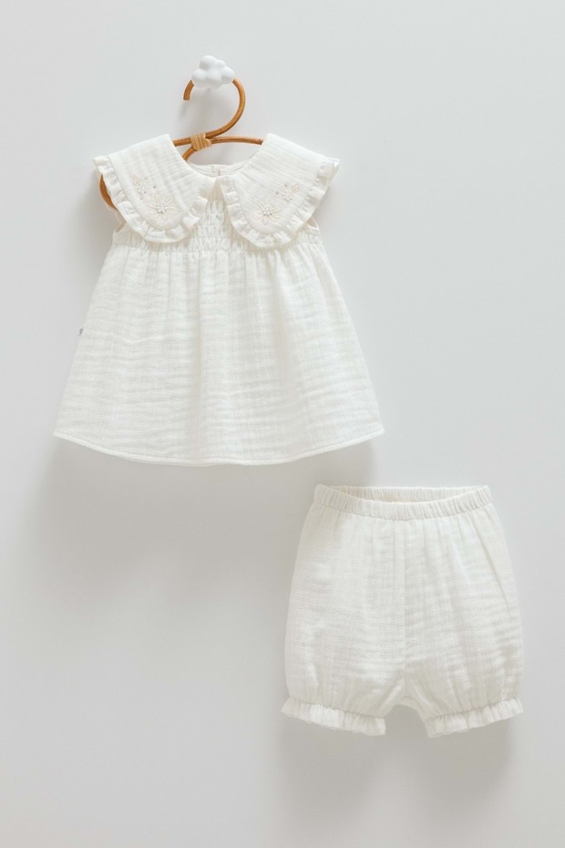 Smile Collar Detail Muslin Top and Bottom Set Ecru