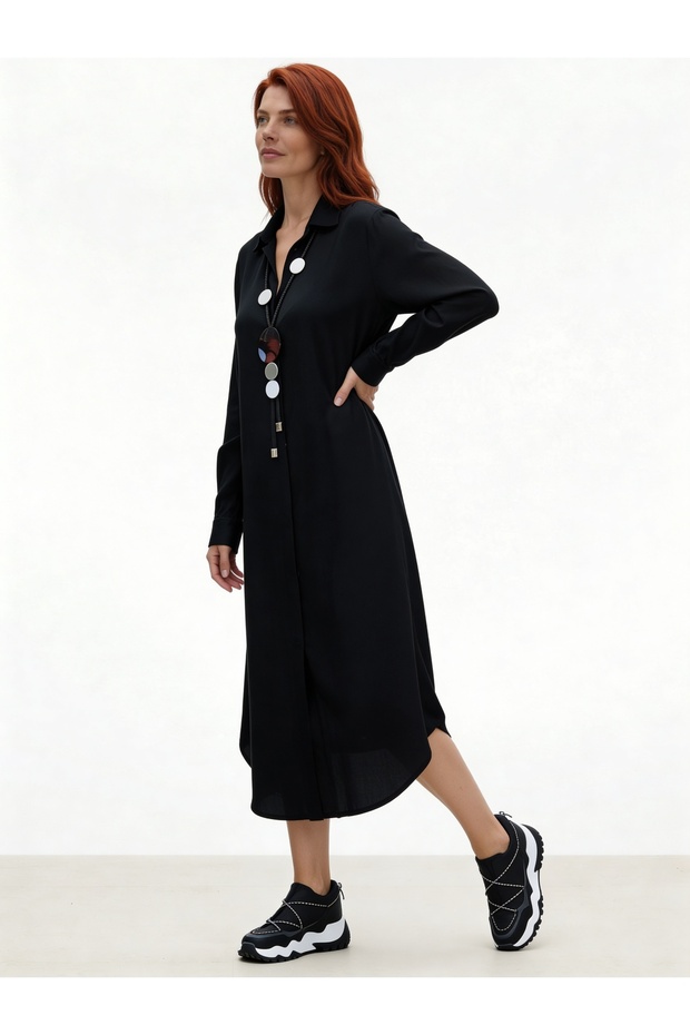 Viskon Gömlek Elbise Siyah - 2