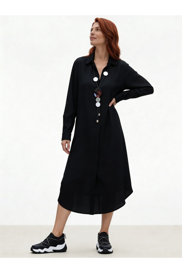 Viskon Gömlek Elbise Siyah - 1