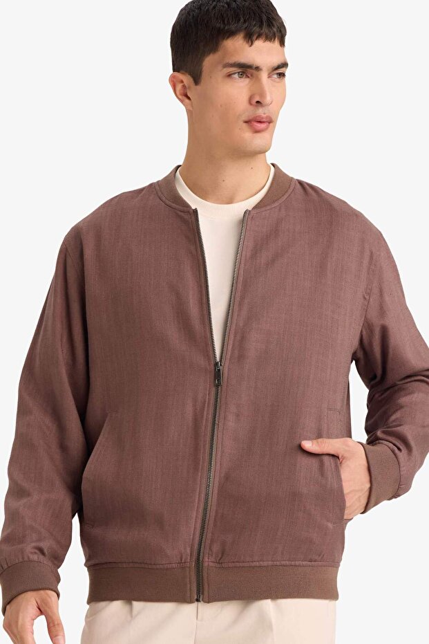 Regular Fit Linen Blend Zippered Coat F8521Ax26Sp