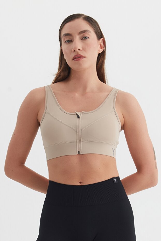 Sports Bustier Zipper Detailed Crop Top Beige
