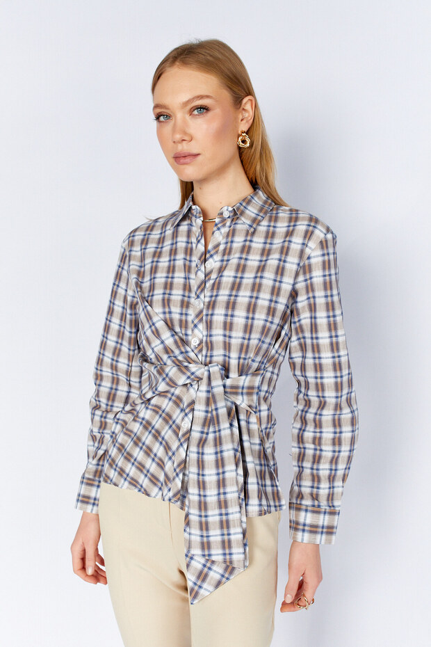 Camel Plaid Shirt with Tie Detail | Ek118610822