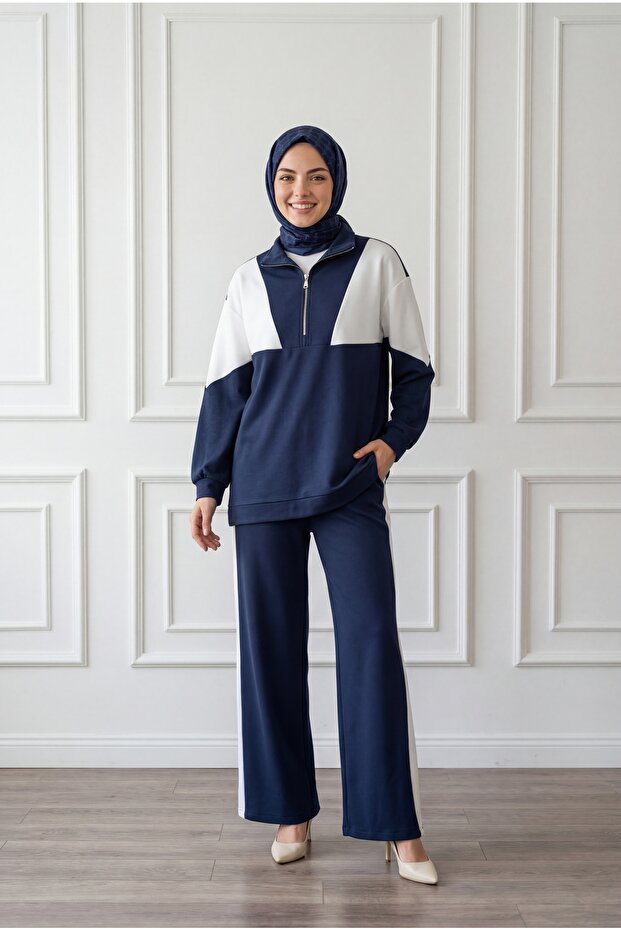 Cansev Half Zipper Decorated Trousers Suit-By73025 Navy Blue