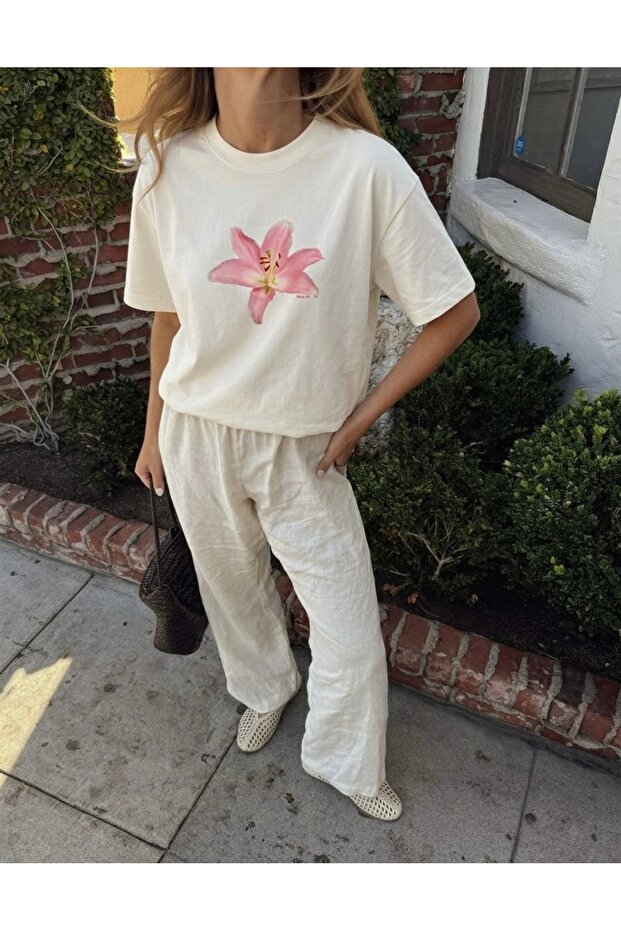 Lily Printed Crew Neck Oversize Trendy Women's T-Shirt