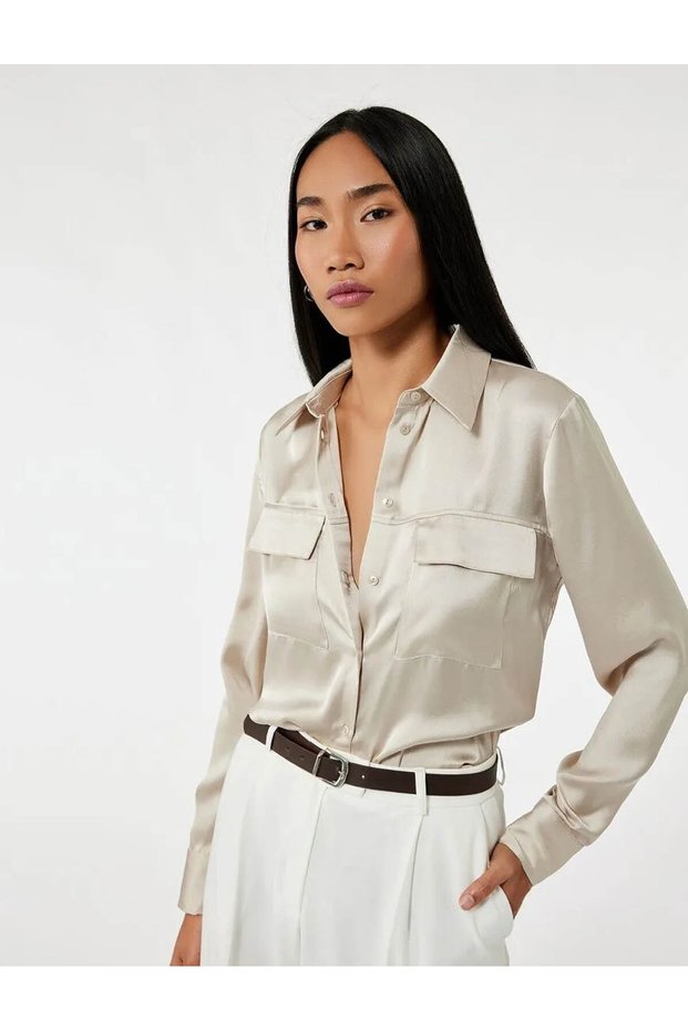 Classic Collar Satin Mink Women's Shirt 6Wak60089Uw