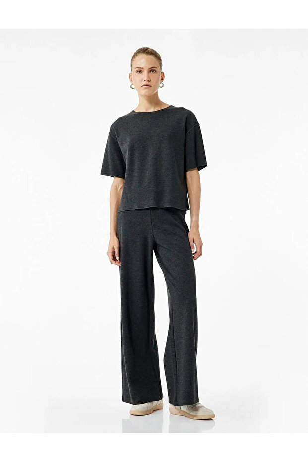 Modal Fabric Straight Wide Leg Fabric Anthracite Women's Trousers 6Wak40027Ek