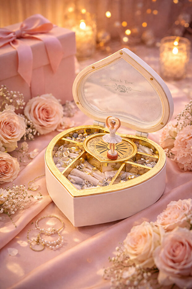 TeknoClass Balerinli Müzikli Kalp Takı Kutusu Kurmalı Hediyelik Romantik Dekoratif Müzik Kutusu