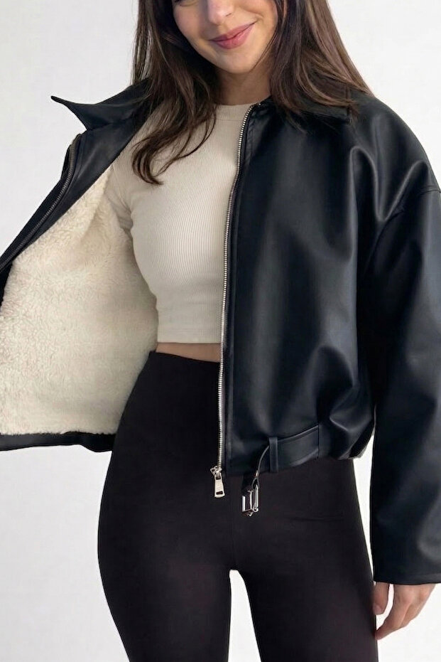 Suede Lined Luvren Trend Oversize Bomber Belted Leather Jacket