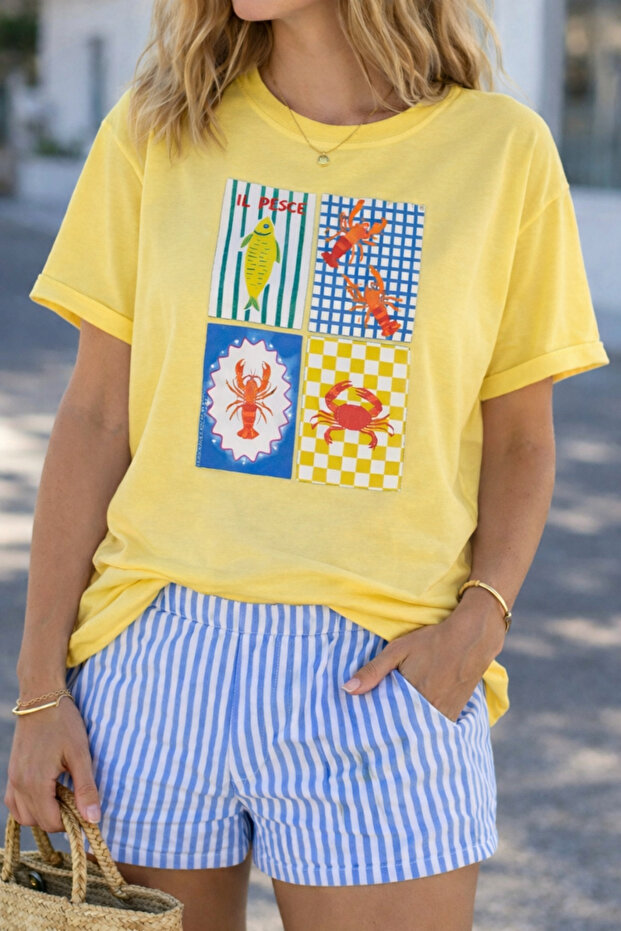 Sea Theme Graphic Printed Unisex Oversized T-Shirt - Fish and Seafood Patterned Casual Tee Shirt