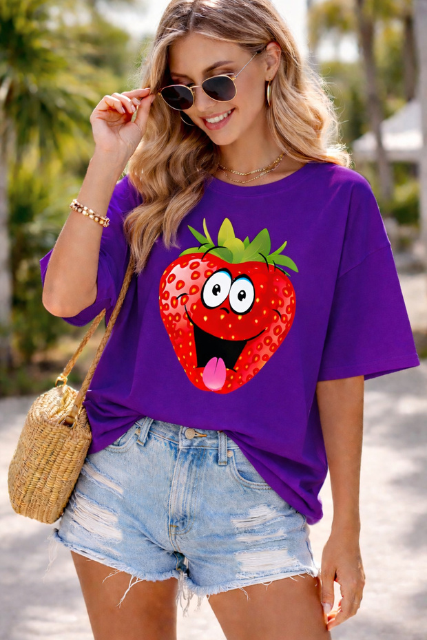 Cartoon Strawberry Printed Unisex Oversized T-Shirt - Fun Fruit Graphic Design Casual T-Shirt