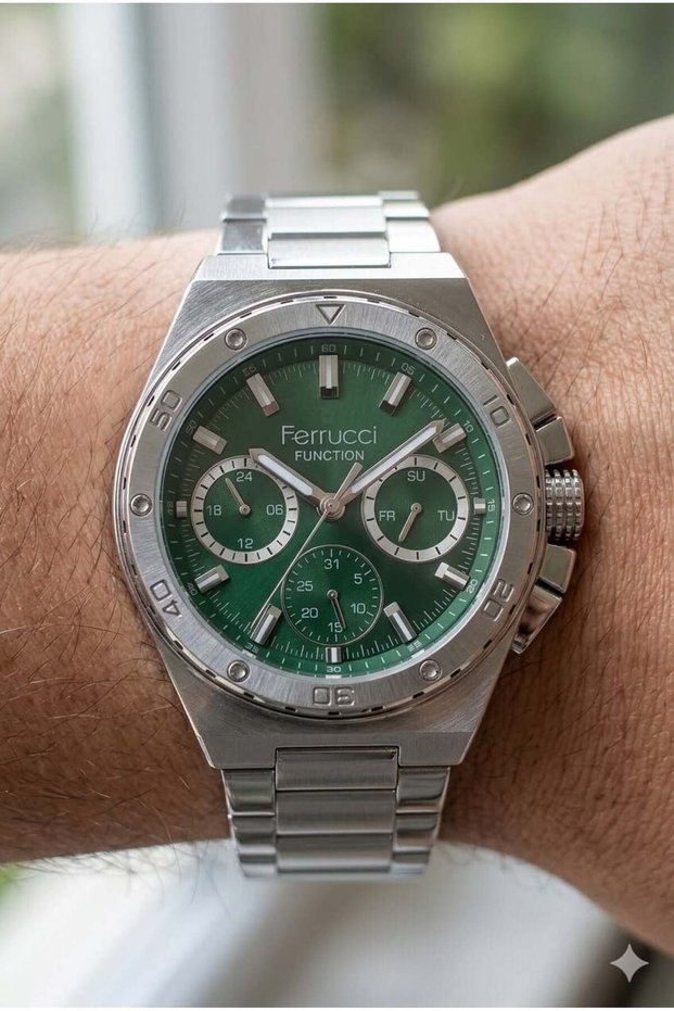 Powerful Design Men's Wristwatch | 45mm Steel Case, Silver Metal Band, Green Dial