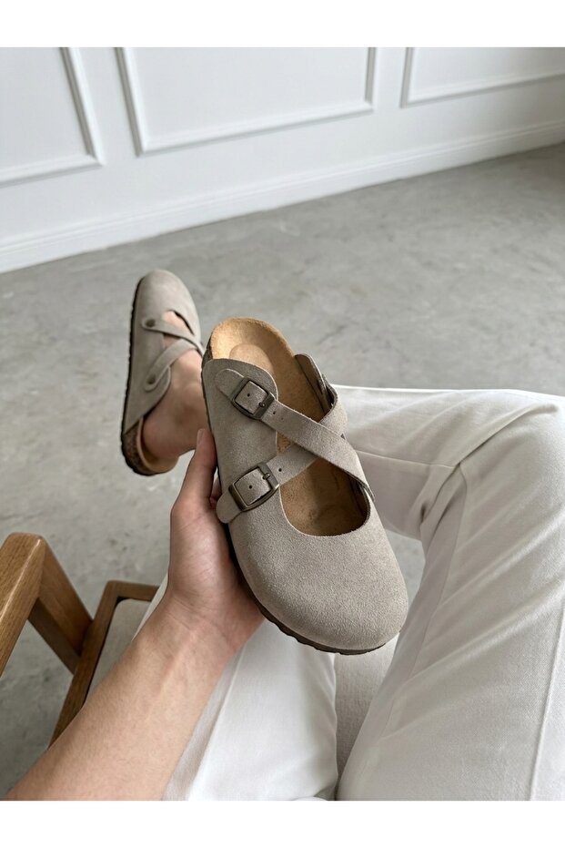 Genuine Leather Suede Cork Sole Orthopedic Women's Sabo Slippers