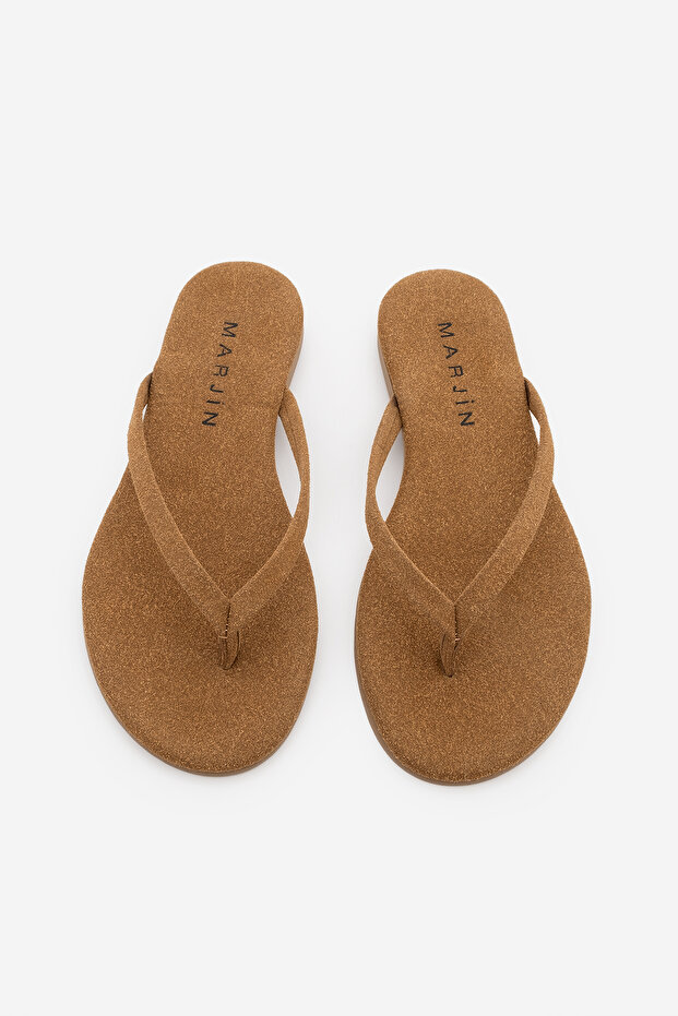Women's Thin Strap Flip Flops Y Round Toe Daily t Slipper Navisa Brown Suede