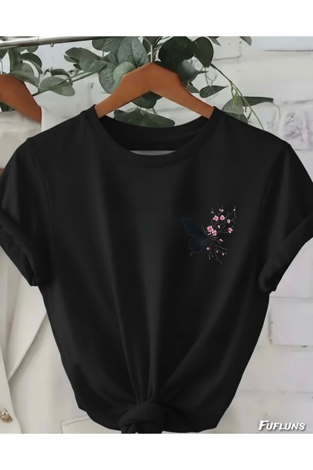 Small Sakura Flower Butterfly Printed Unisex Women/Men Oversize Crewneck T-Shirt