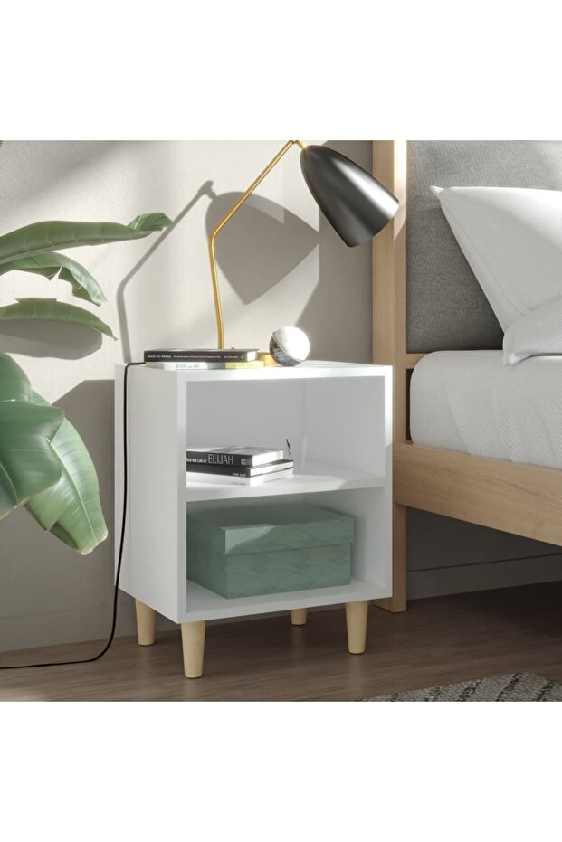 Bedside table with solid wood legs, white, 40x30x50 cm