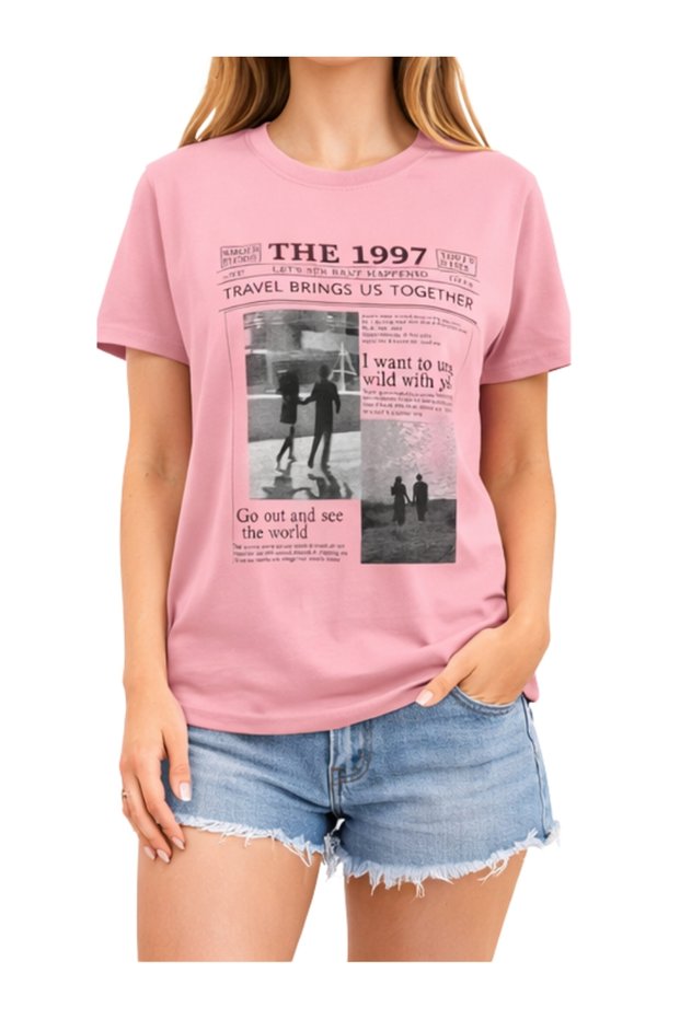 Unisex Vintage Newspaper Printed Oversized Pink T-Shirt 100% Cotton Streetwear