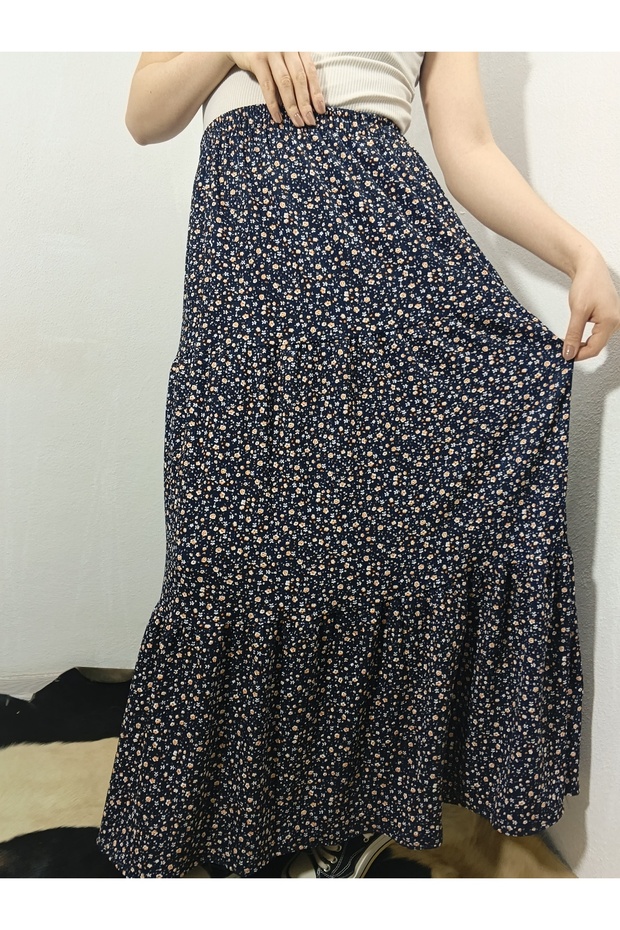 Bürümcük Fabric Bohemian, Ethnic Printed Long Skirt, Elastic Waist, 3 Layers of Ruffles Mevlana