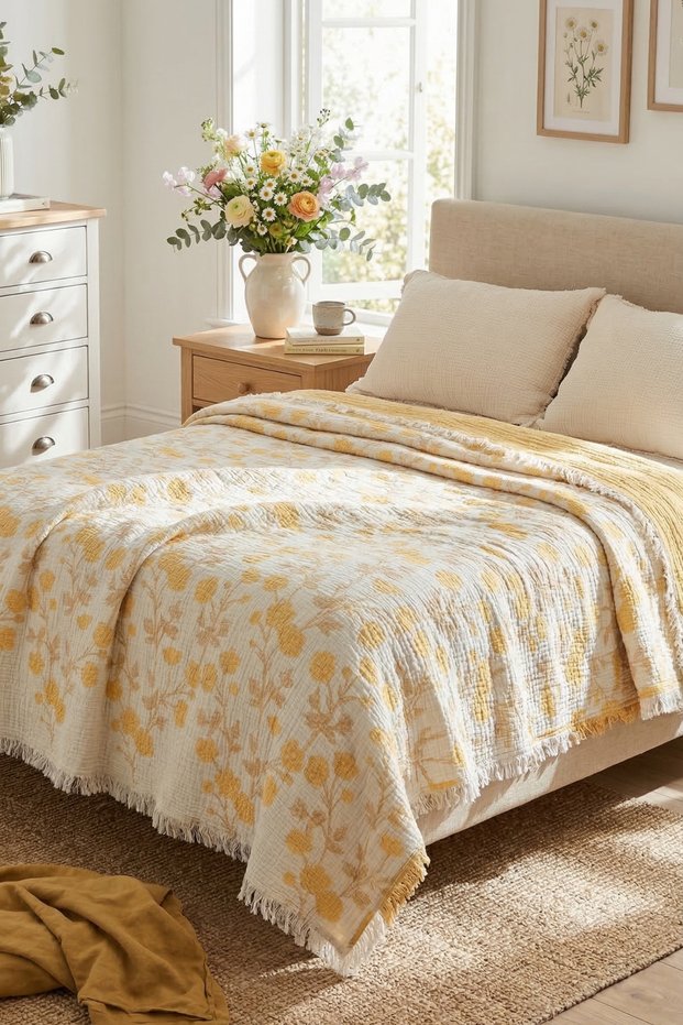 5 Layers Filled Muslin Double Bedspread 220X240 cm 100% Cotton Double-Sided Pique Sofa Cover