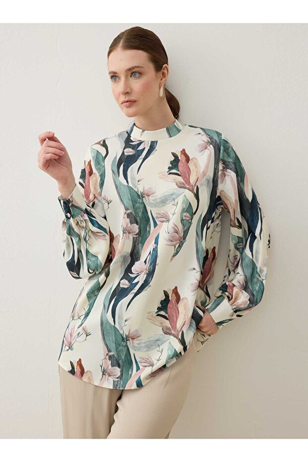Printed Basic Tunic - Green Leaf Patterned - - 1