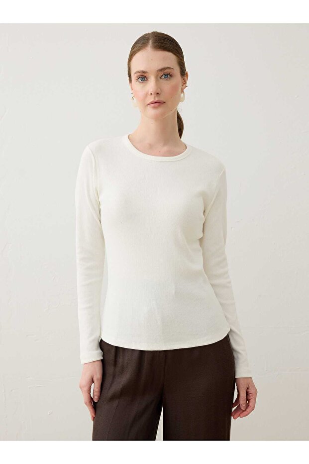 Tricou de damă Basic cu guler rotund - Ecru - - 2