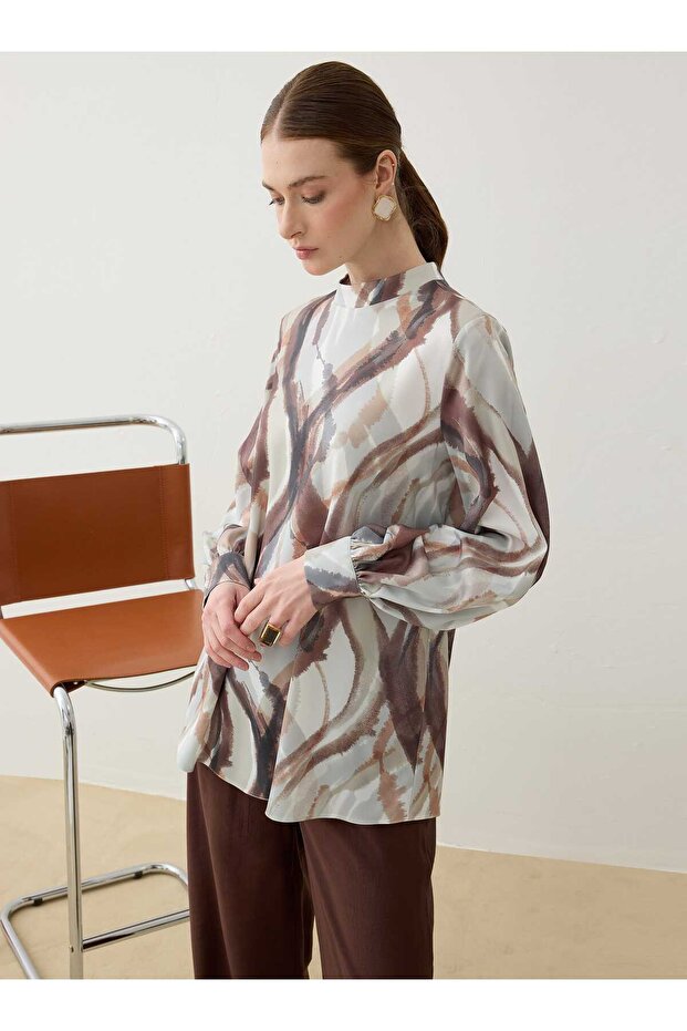 Brush Paint Patterned Basic Tunic - Brown Patterned - - 3