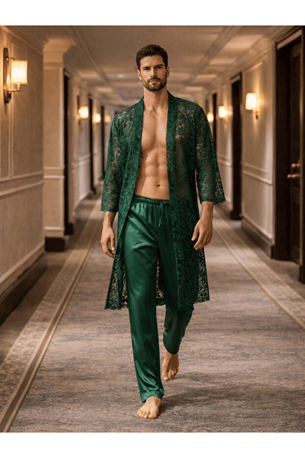 Men's Kimono Set – 3-Piece Lace Set (Bathrobe + Trousers + Shorts)