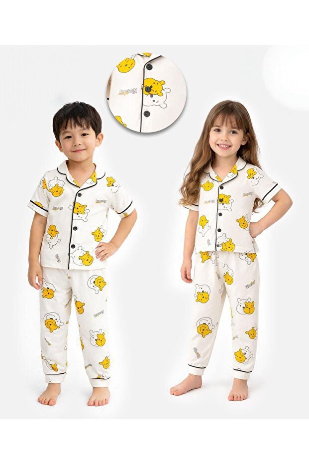 Children's Pajama Set with Teddy Bear Pattern, 100% Cotton, Summer, Breathable, Comfortable, 2-Piece Set (Girl/Boy)