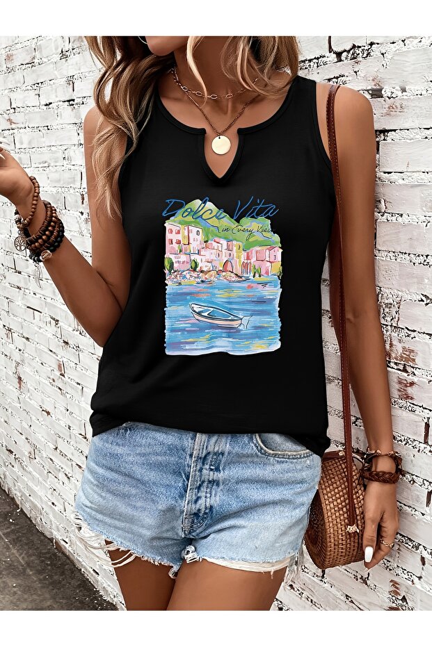 Women's Black Printed Half V-Neck Sleeveless Regular Fit Casual T-Shirt