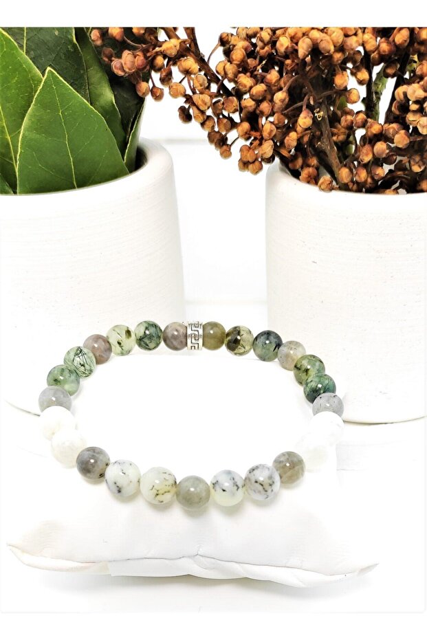 Prehnite Dentrit Opal Labradorite Moonstone Elastic Bracelet 8 Mm